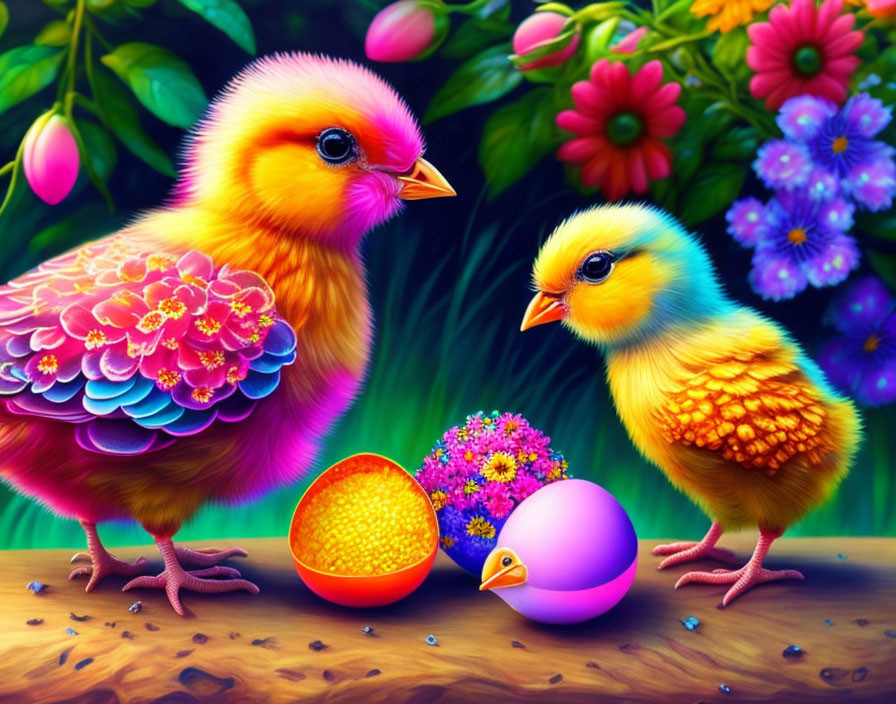 Vibrant chicks with colorful plumage near decorated egg and flowers