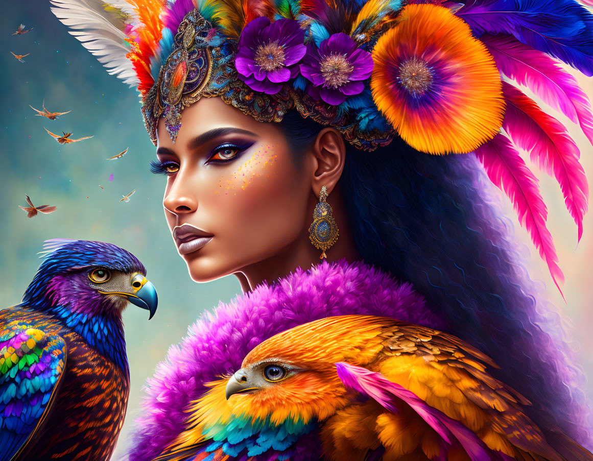 Colorful woman with feathers & flowers, majestic birds under blue sky