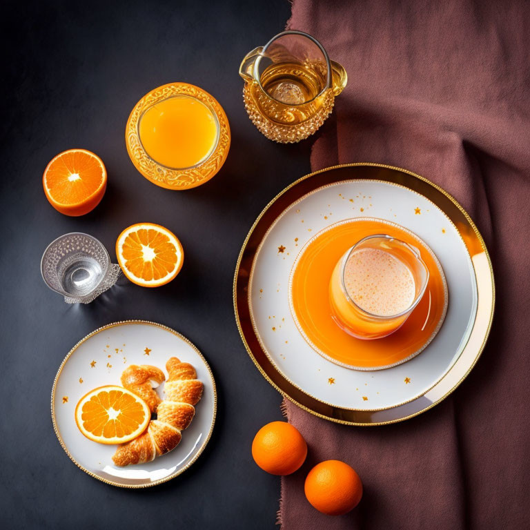 Chic Breakfast Spread with Croissants, Orange Juice, and Fresh Oranges