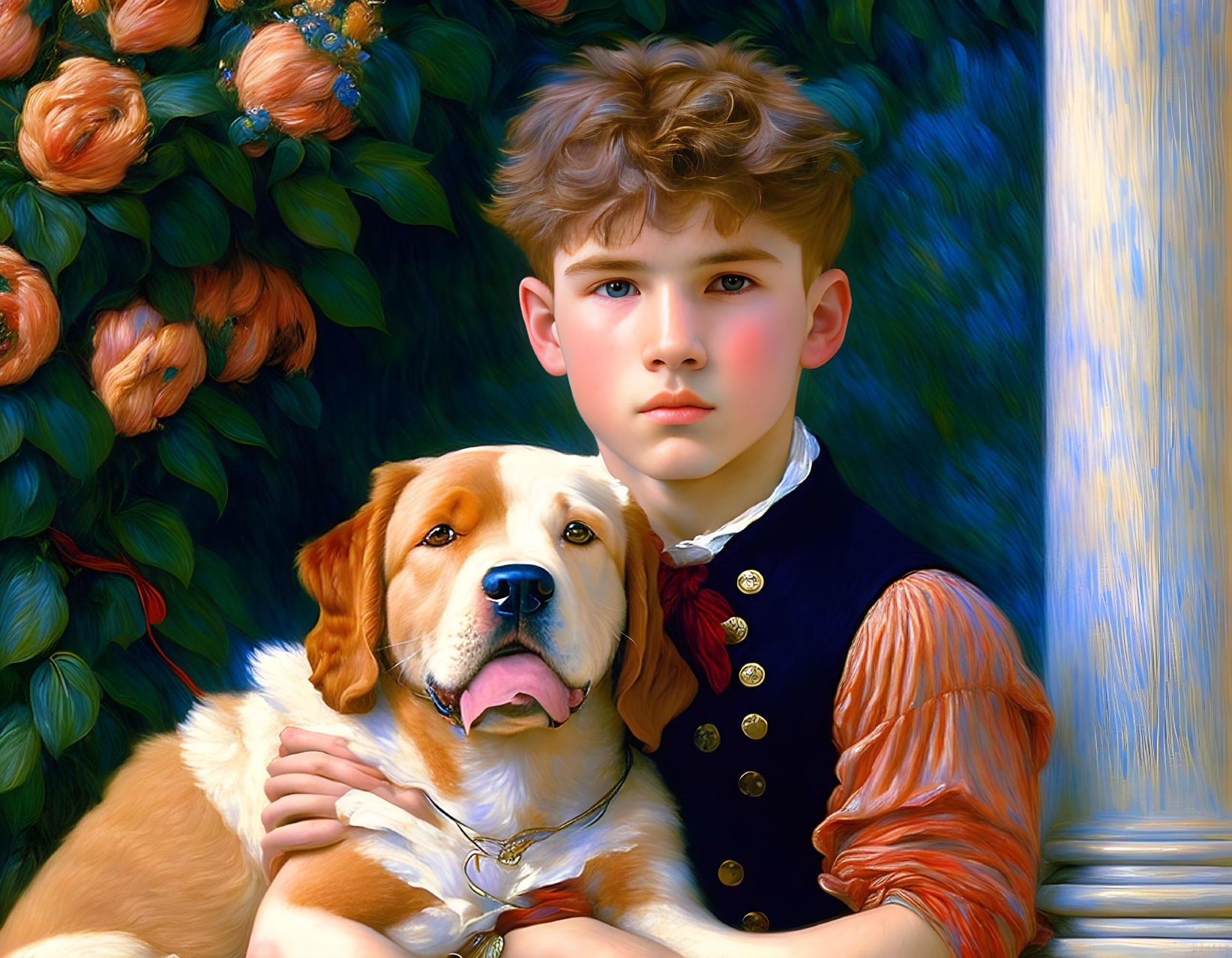 Vintage Outfit Boy with Golden Retriever in Garden Setting