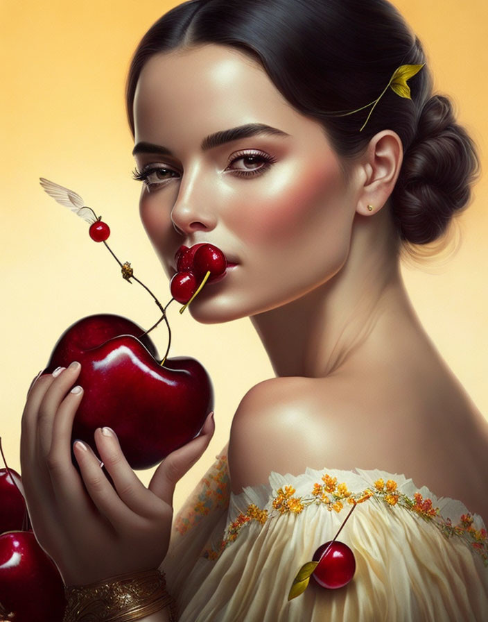 Dark-haired woman with cherry in mouth and apple in hand on warm background