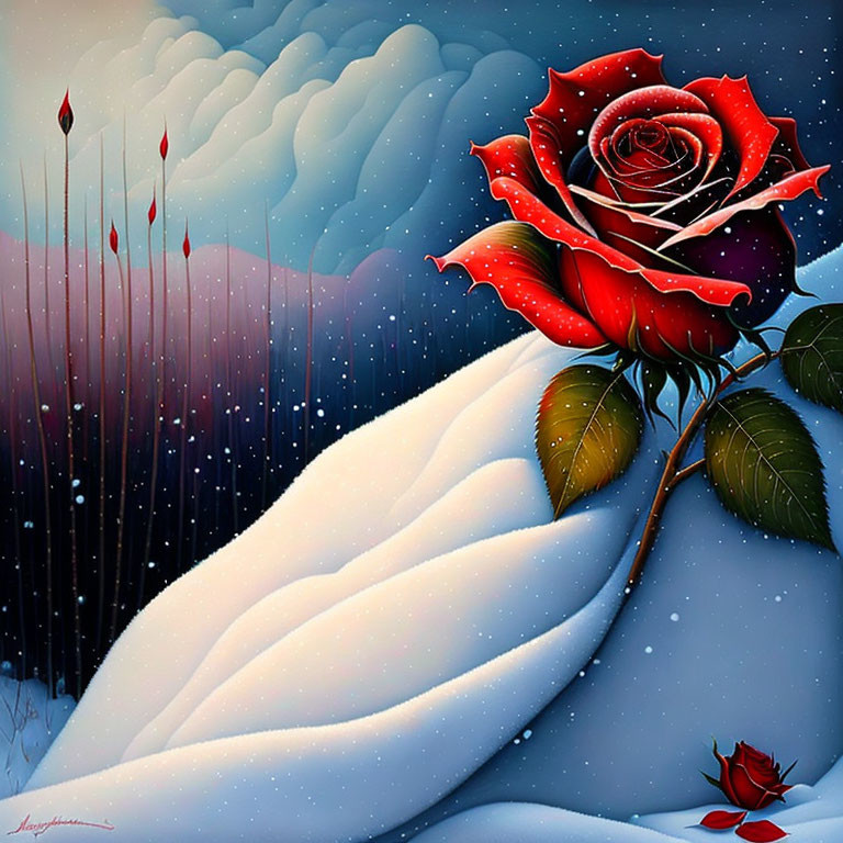 Red rose with droplets in snowy landscape under blue sky and falling snowflakes