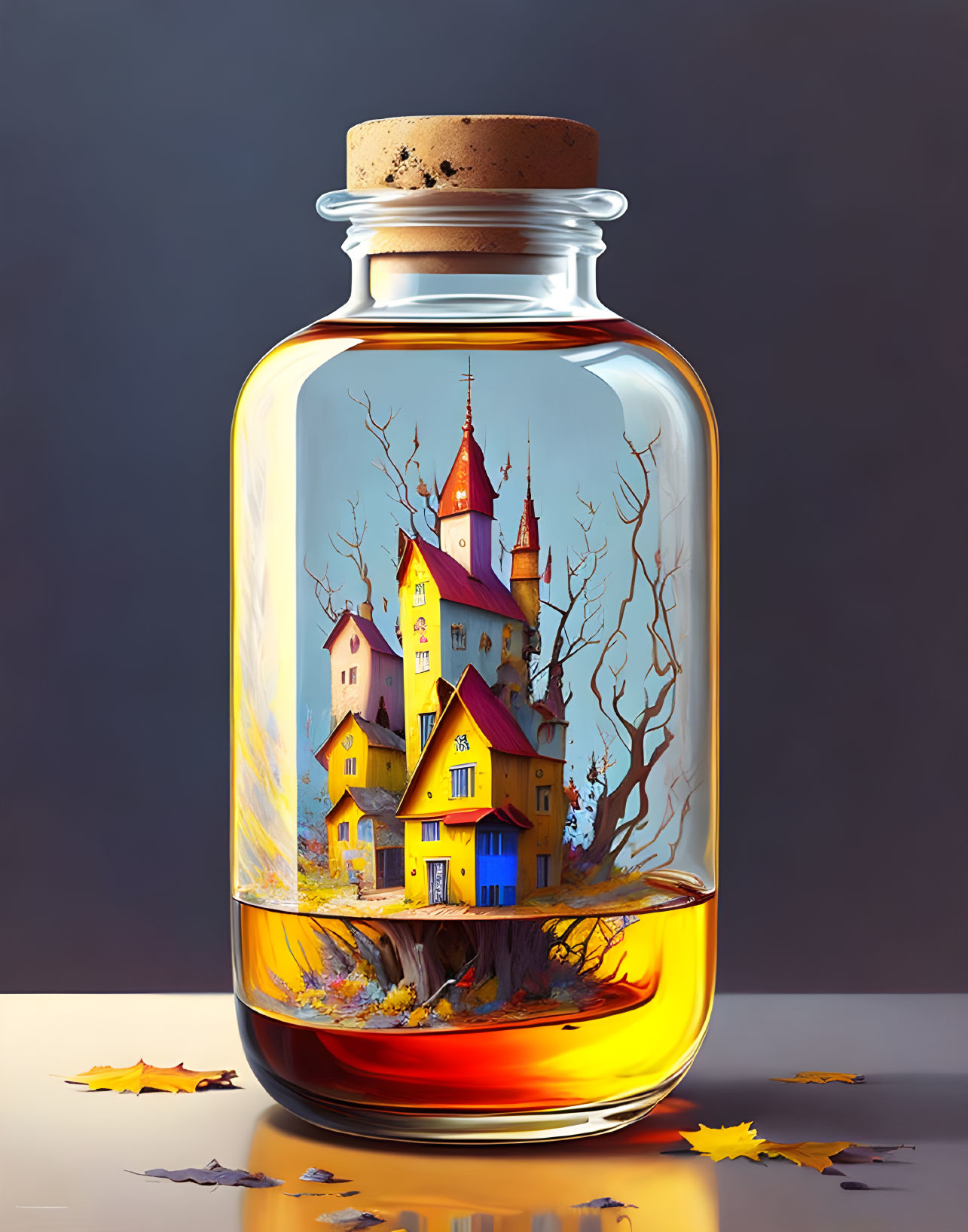 Glass jar with cork: Colorful castle in whimsical illustration on ombré background