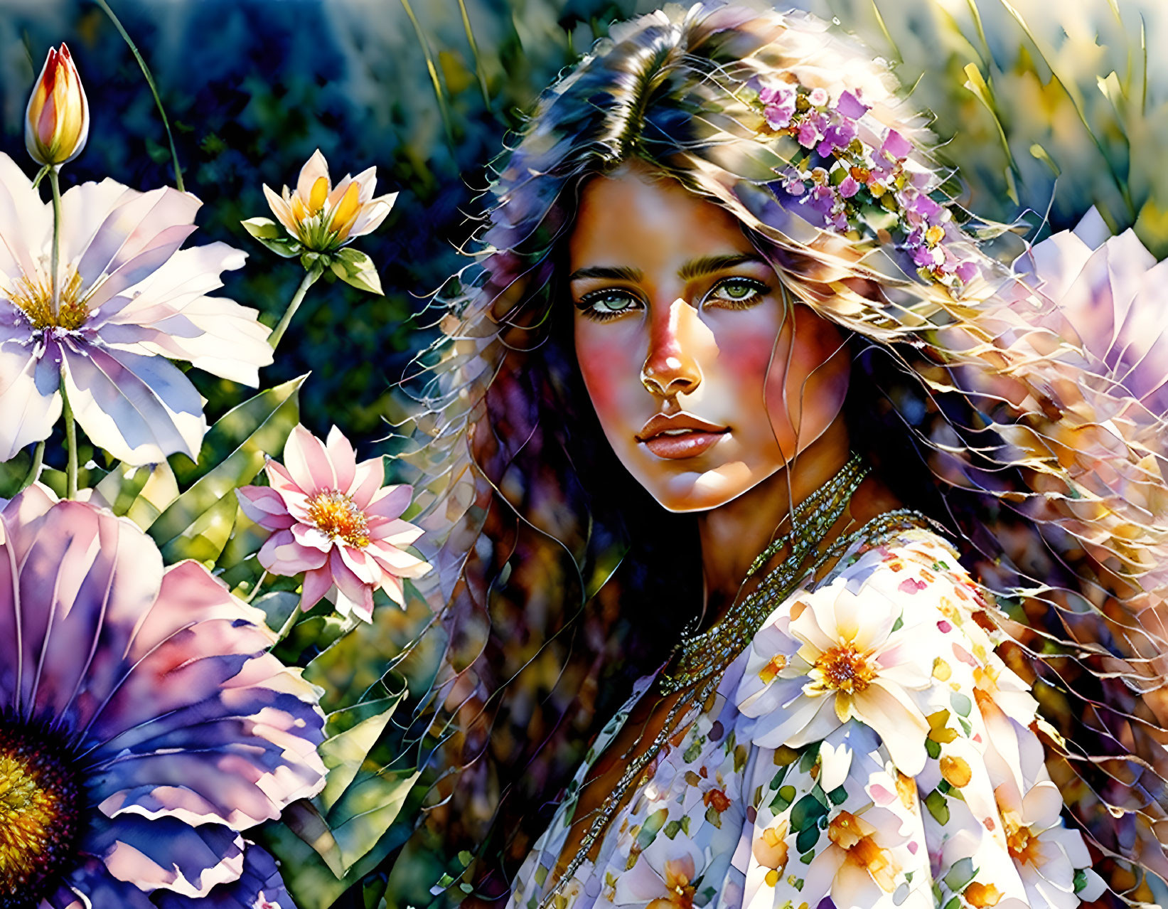 Colorful floral-themed artwork featuring woman with wavy hair and flowers.