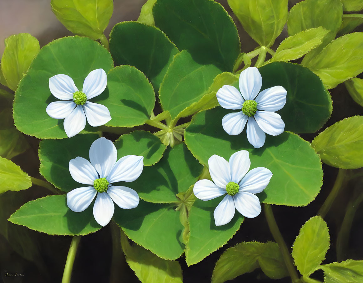 Four white flowers with green centers on broad green leaves in muted background