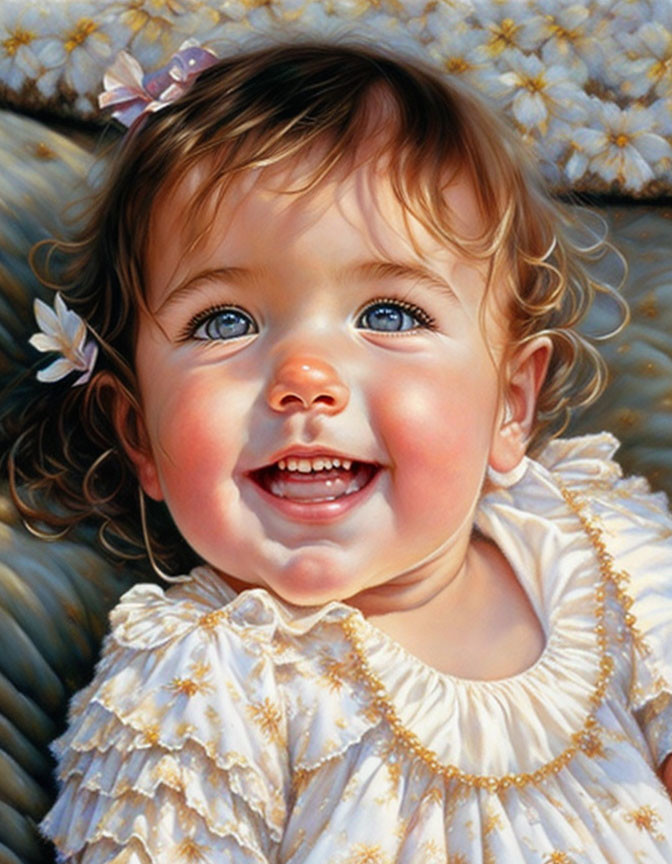 Hyperrealistic Painting of Smiling Baby with Blue Eyes in White Dress