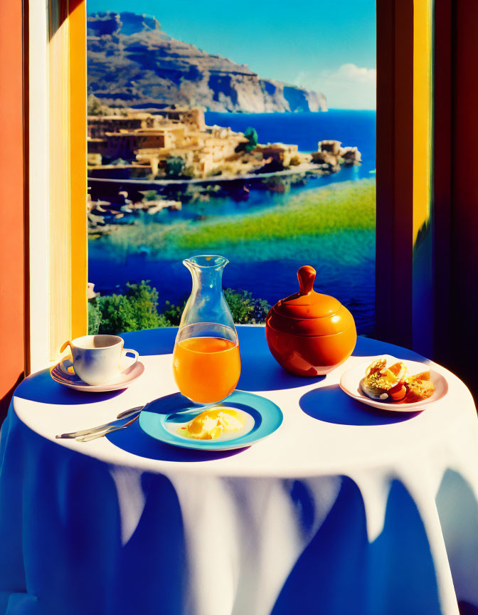 Breakfast table with beverage jug, cup, and plates by sea view.