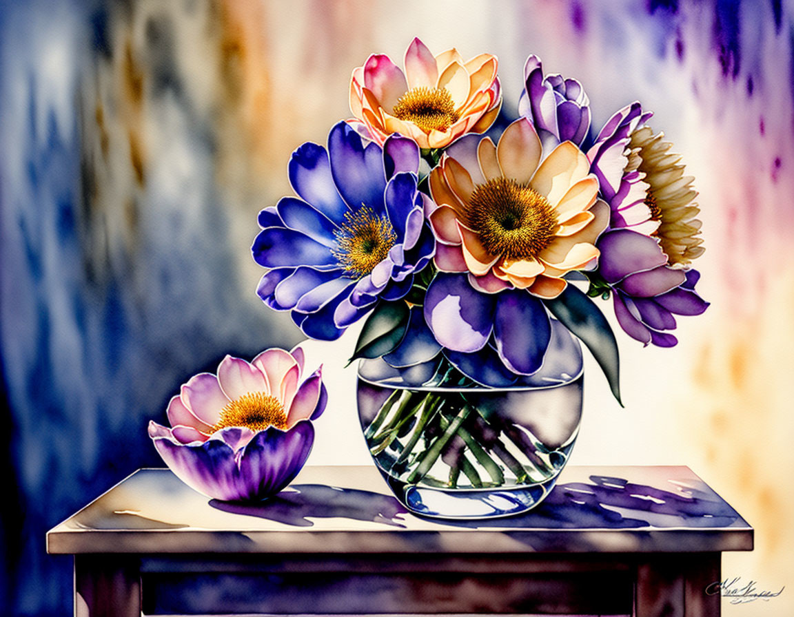 Vibrant Flower Bouquet in Glass Bowl on Wooden Table