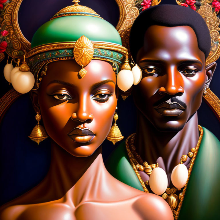 Regal couple in digital painting with gold accents and elaborate headdresses