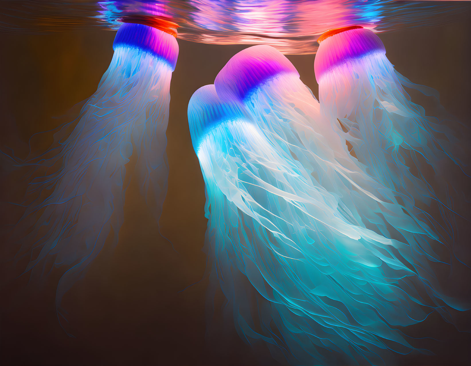 Luminescent jellyfish with blue tentacles and pink-purple hues on dark background