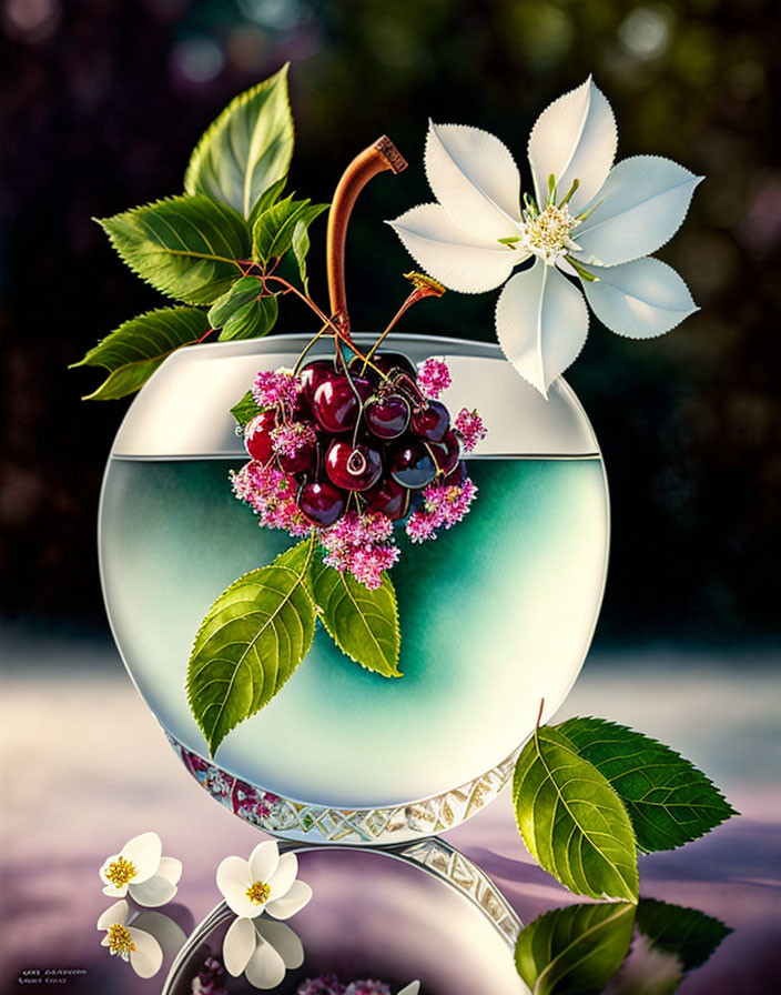 Colorful digital artwork: glass vase, cherries, leaves, blossoms, bokeh background