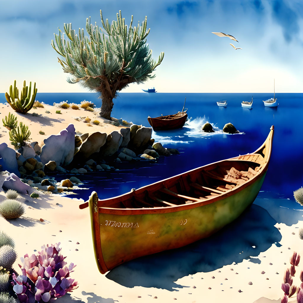 Tranquil beach scene with wooden canoe, colorful flora, boats, calm waters, and clear sky