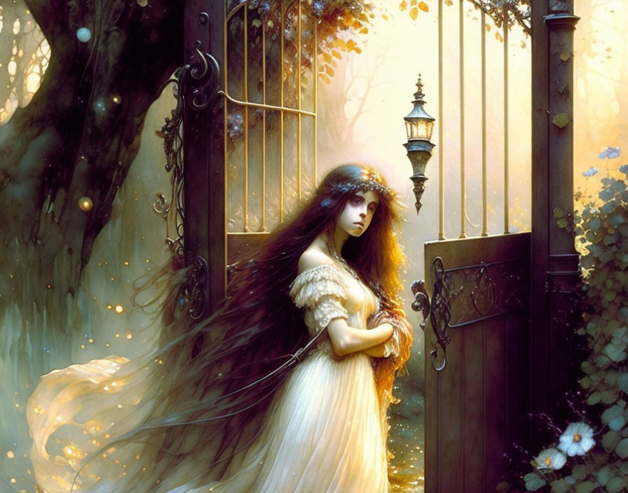 Woman with long hair at open gate in mystical autumn forest