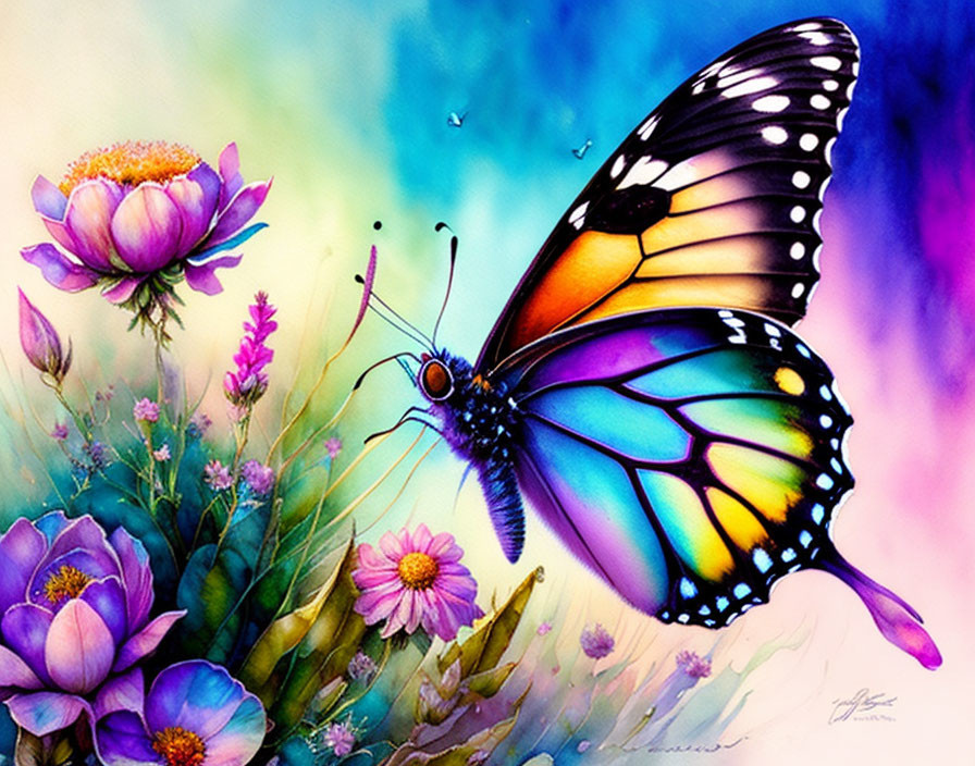 Colorful Butterfly Painting on Flowers with Dreamy Background