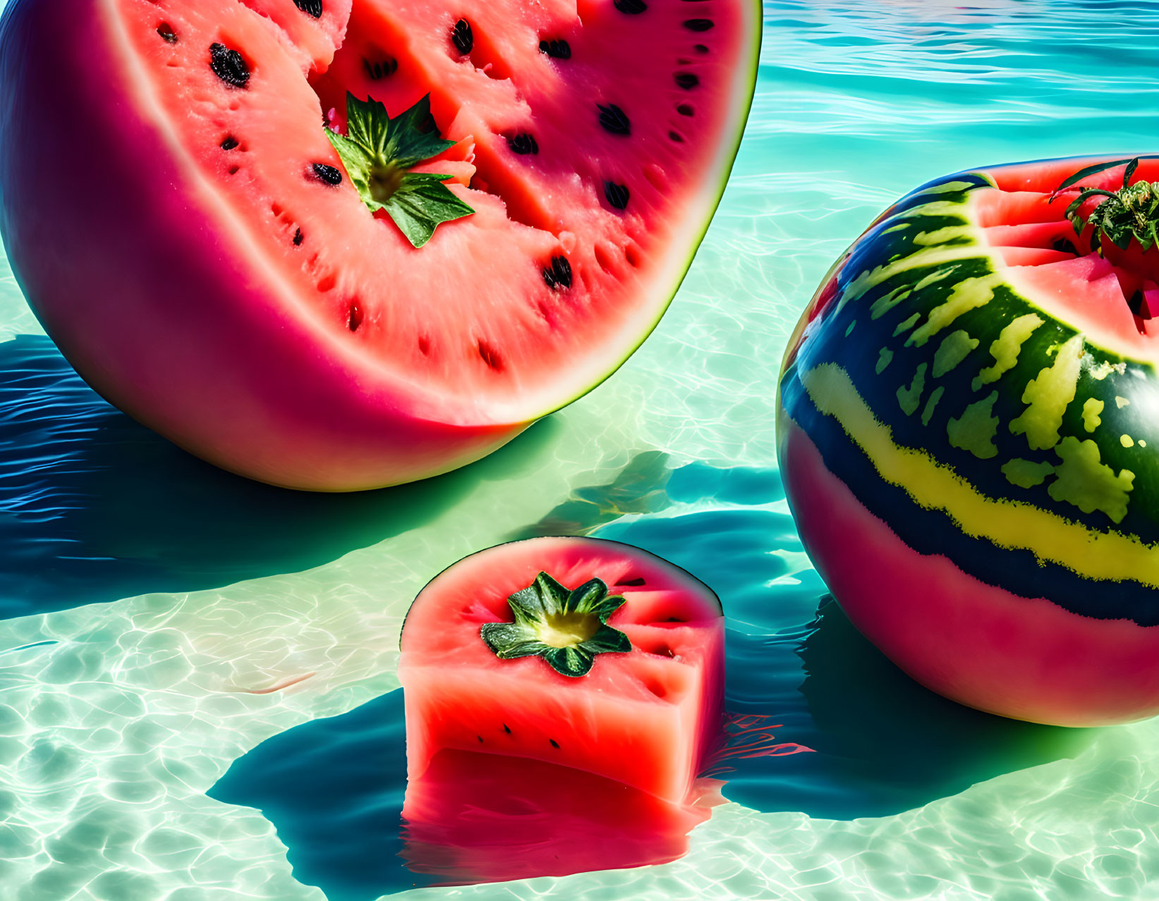 Floating sliced watermelons on turquoise water, including a Pac-Man shape and a neat cube.