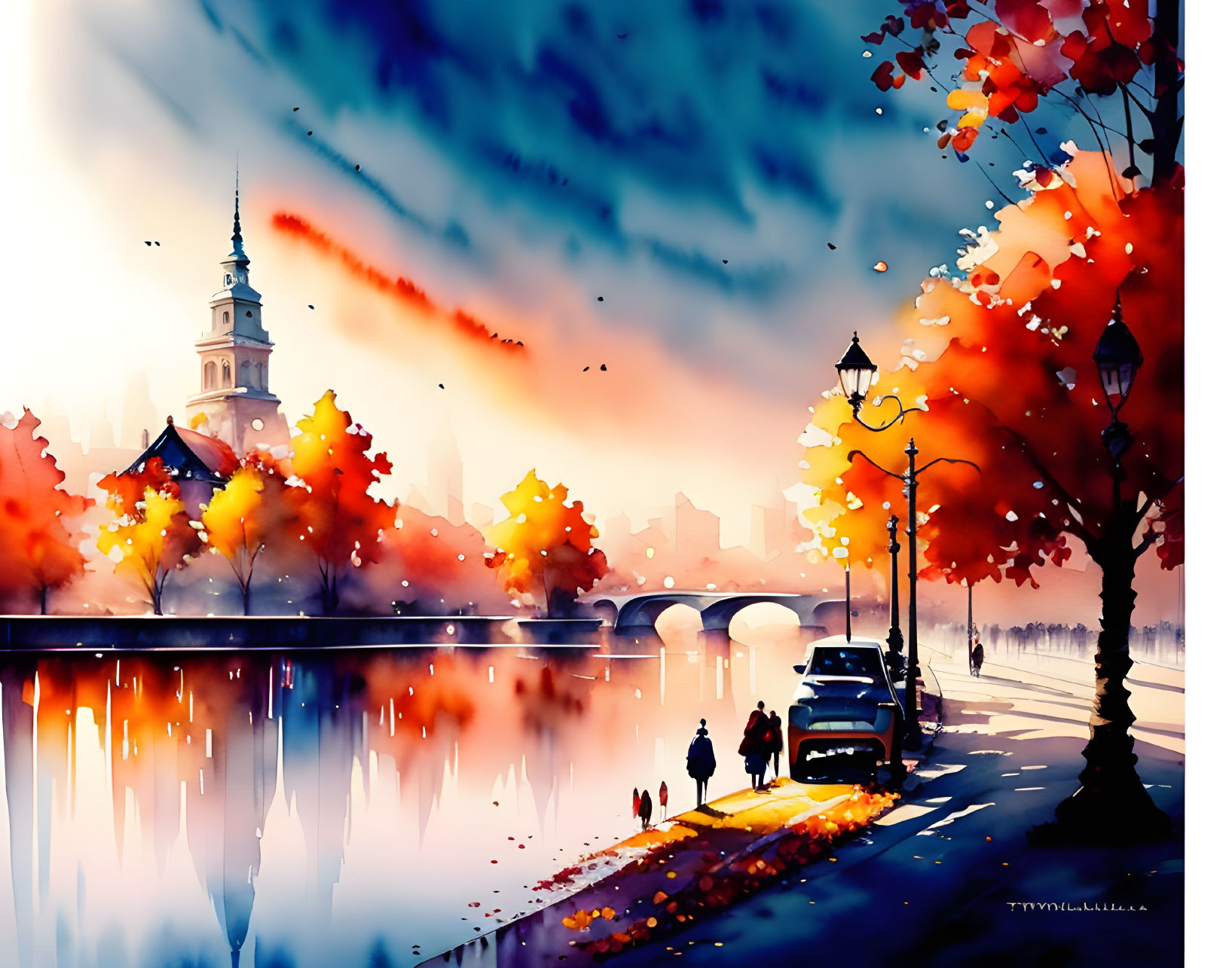 Colorful Watercolor Cityscape: Sunset River Scene with Bridge, Autumn Trees, Couple Walking, and