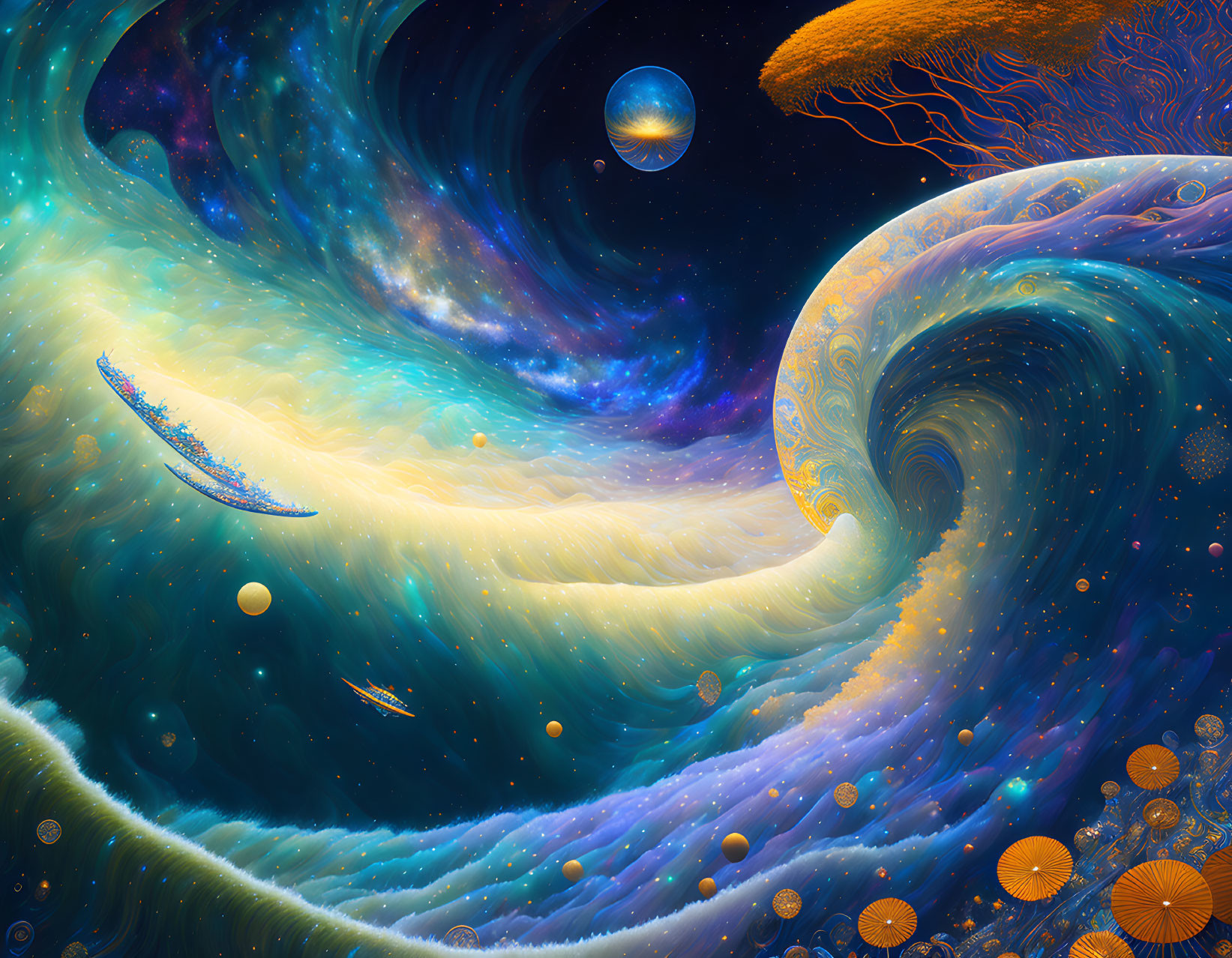 Colorful cosmic scene with swirling patterns, planets, stars, ships, and tree-filled sky.