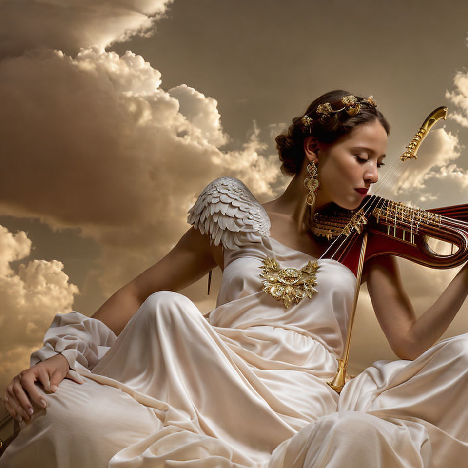 Woman in white dress with angel wing holding lyre against cloudy sky