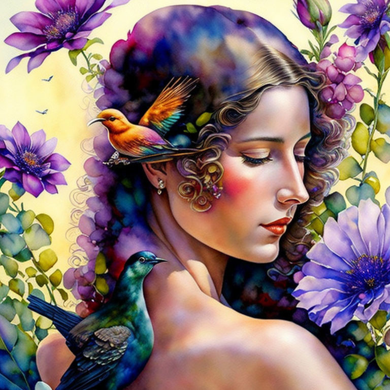 Colorful woman surrounded by flowers and birds artwork.