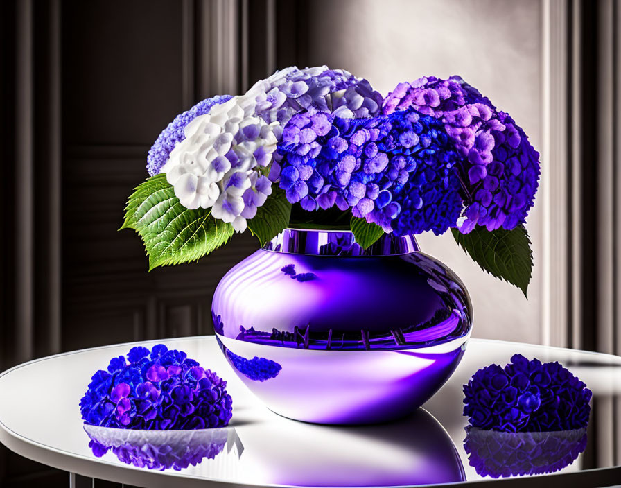 Purple and Blue Hydrangeas in Vibrant Purple Vase on Reflective White Table