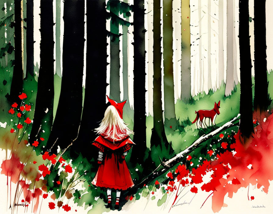 Girl in red hood standing in lush forest with tall trees and red flowers, gazing at distant red