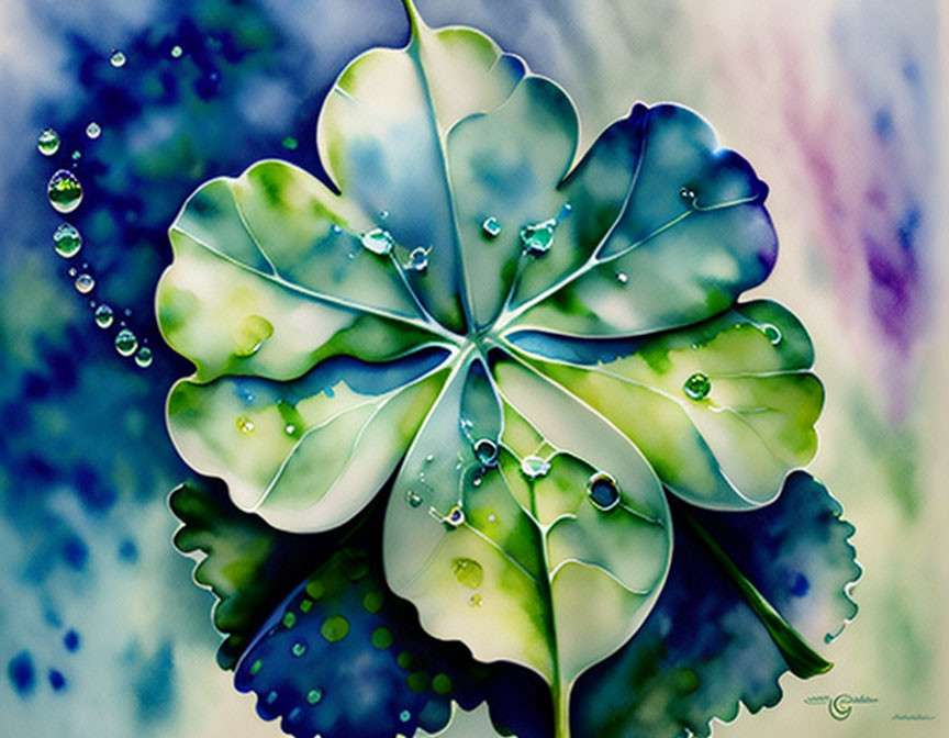 Detailed Watercolor Painting of Green and Blue Leaf with Dew Drops