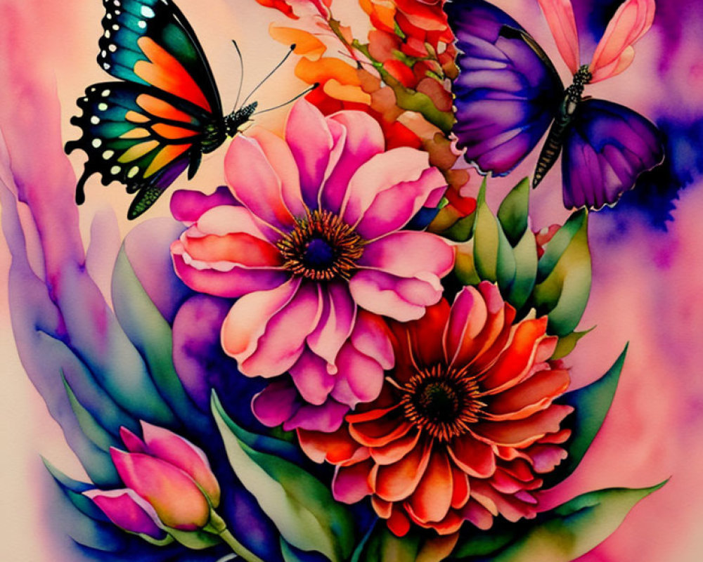 Colorful Watercolor Painting of Flowers and Butterflies in Pink, Orange, and Purple