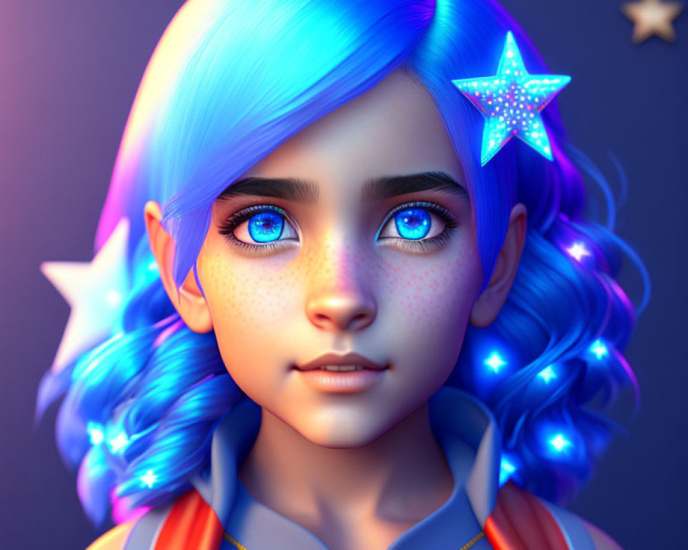 Vivid 3D illustration of girl with blue glowing hair and starry accessories