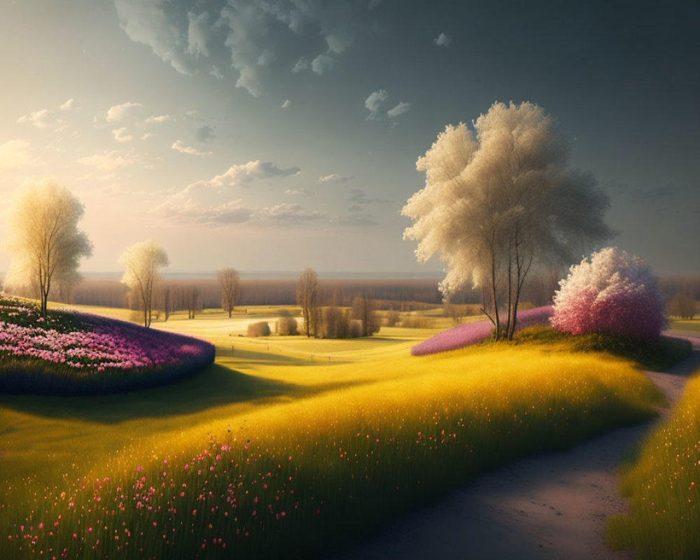 Tranquil landscape: winding path, colorful fields, lush trees, golden sunrise