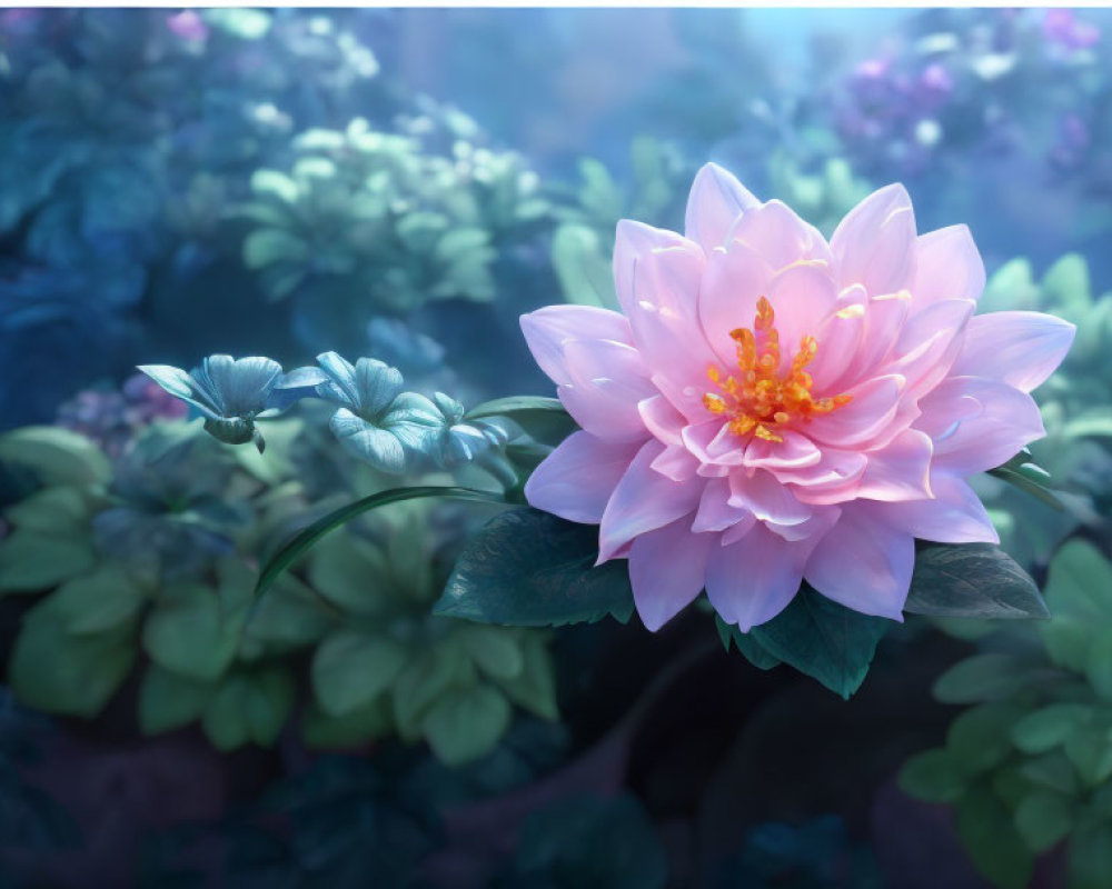 Pink Lotus Flower Blooming in Mystical Blue Foliage