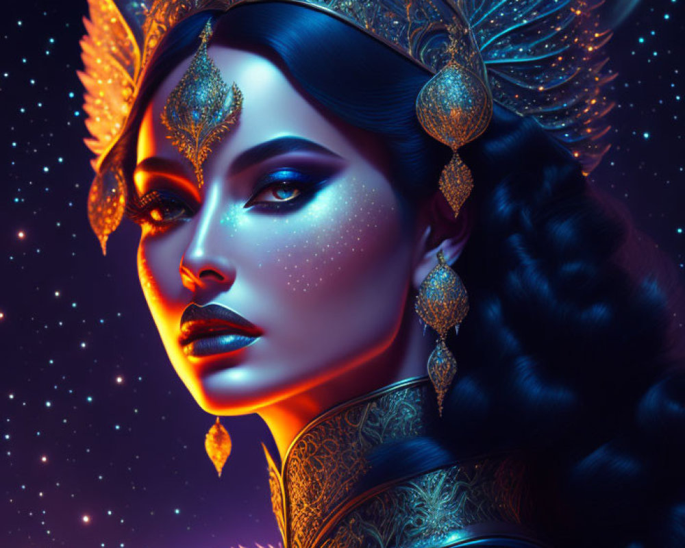 Vividly colored digital artwork of regal woman with ornate crown and jewelry against cosmic background.