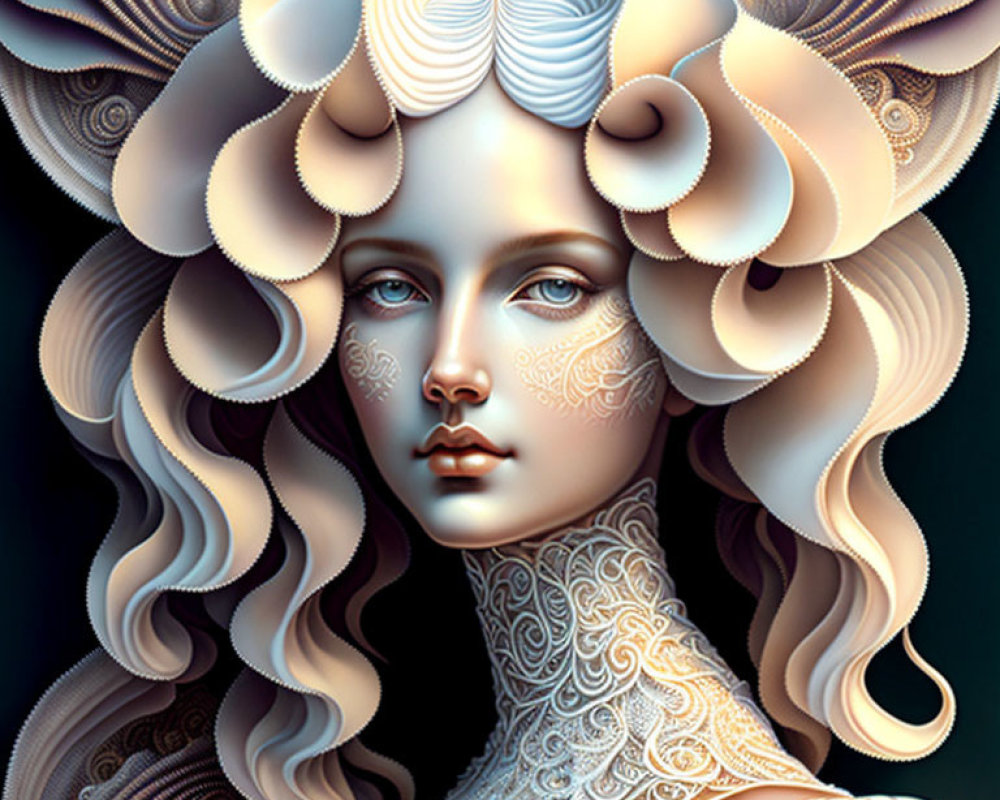 Intricate digital artwork of woman with stylized hair and decorative patterns