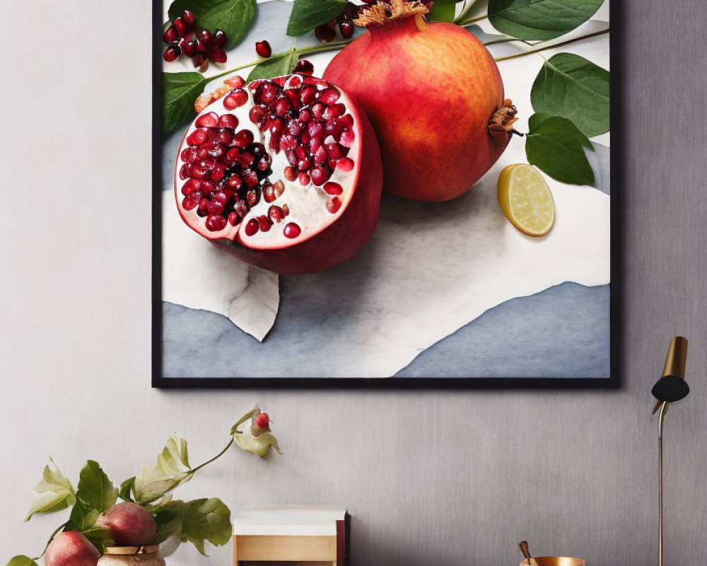 Framed picture of pomegranate and lemon above desk with decorative items