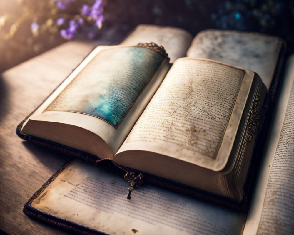 Antique book with key on pages, warm light, purple flowers in background