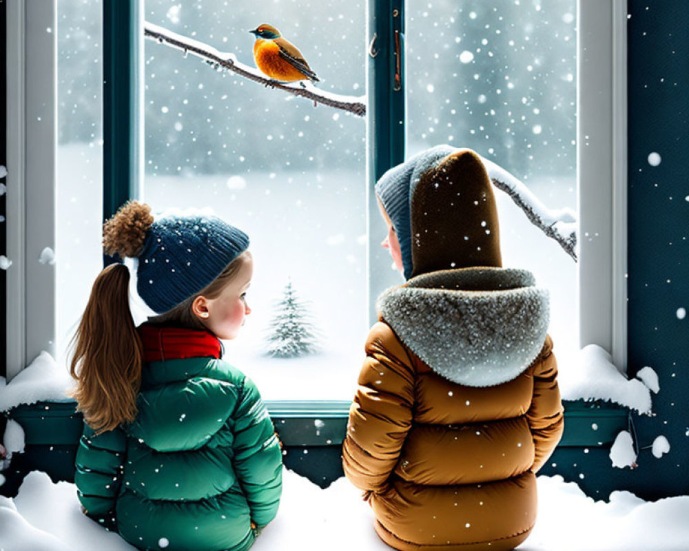 Children in winter clothes watching bird by snowy window