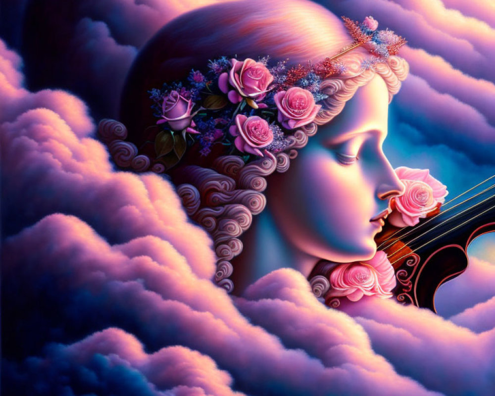 Surreal artistic depiction of woman with roses in hair and violin in pink and purple clouds