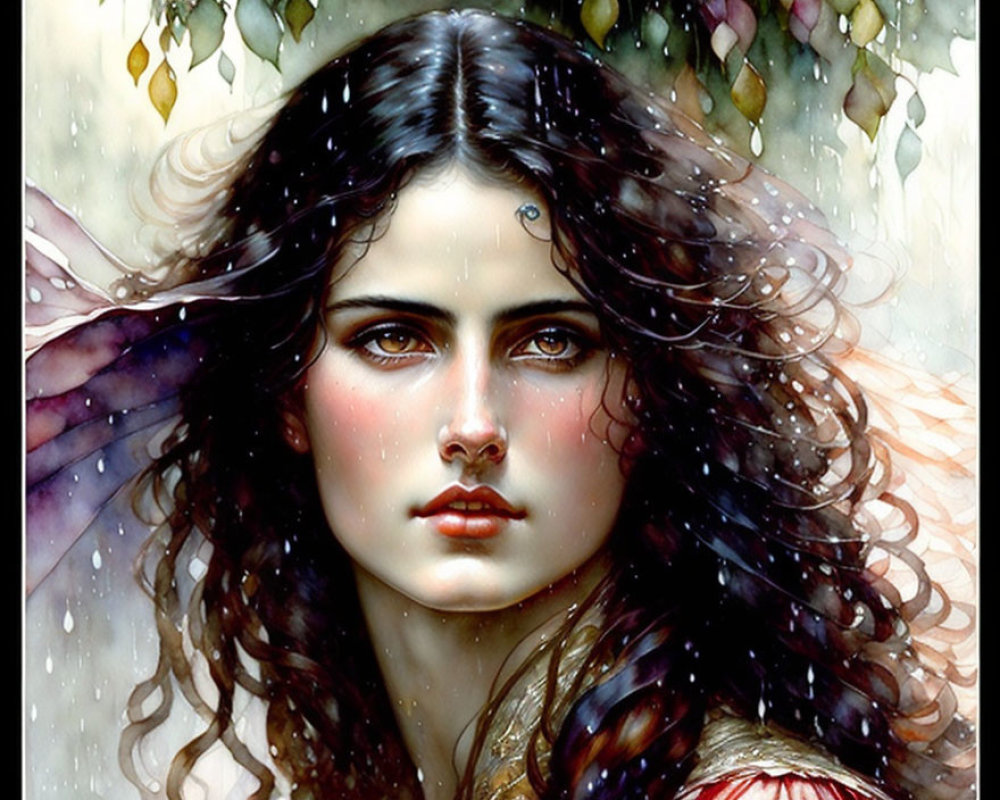 Fantasy illustration of woman with dark wavy hair and butterfly wings