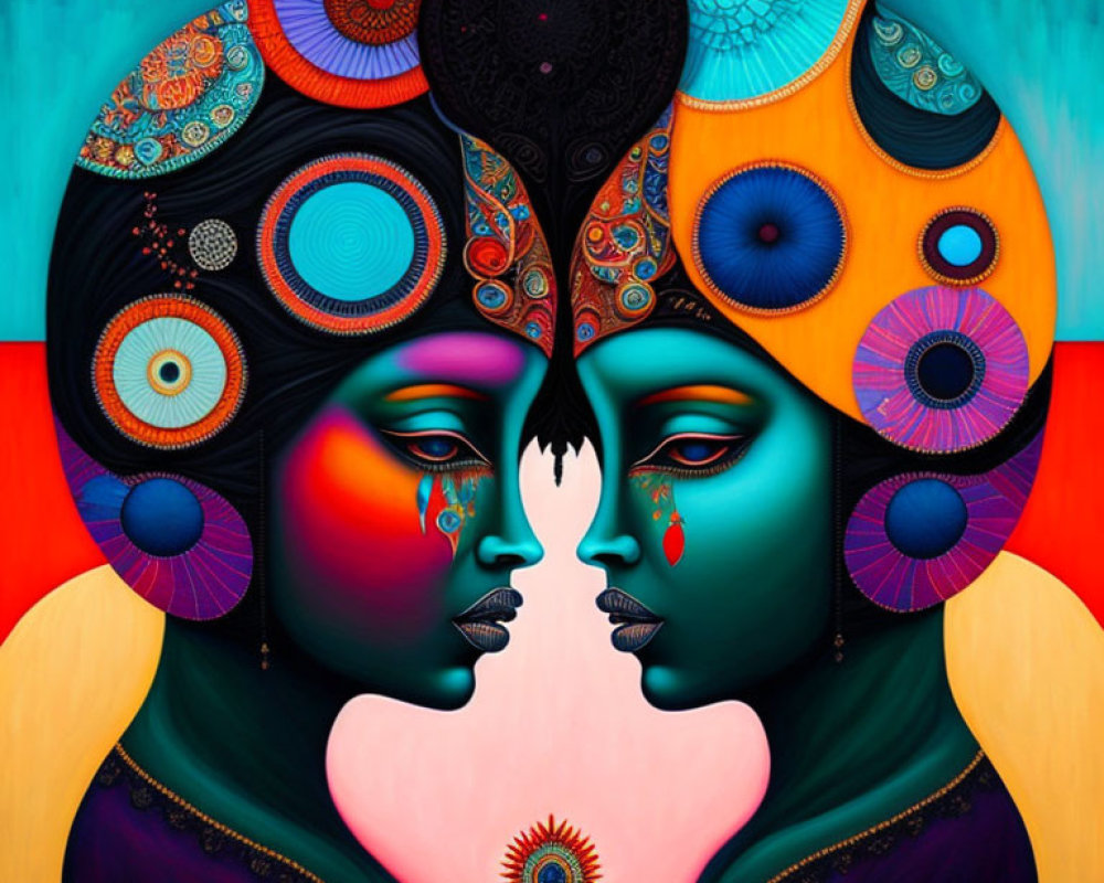 Colorful artwork of two faces in profile with shared eye and heart space