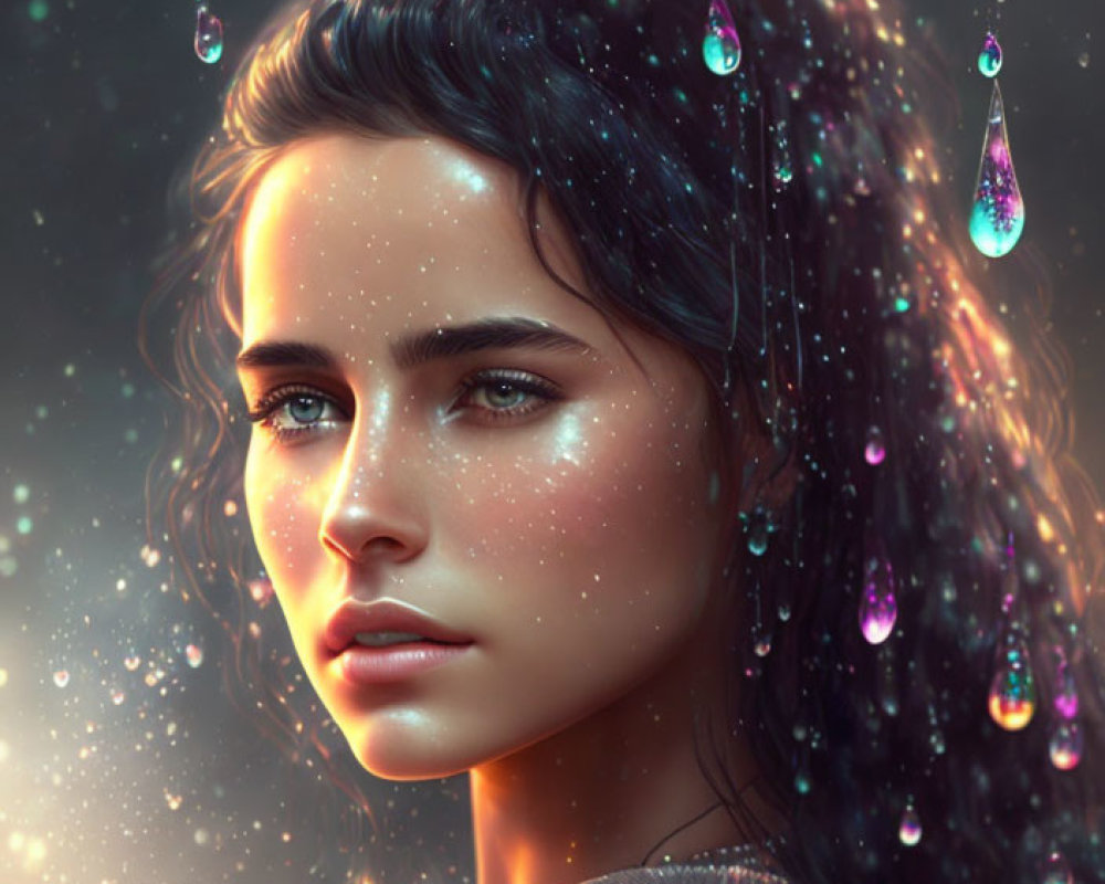 Young woman with dark hair and blue eyes in digital portrait with water droplets.
