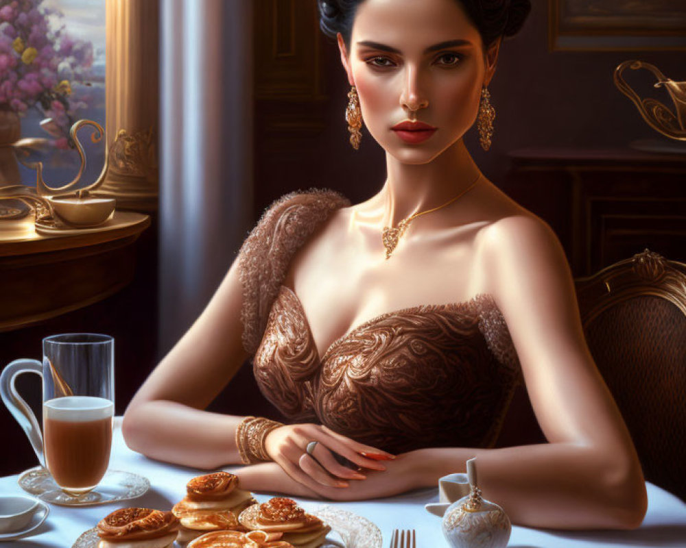 Luxurious Dress Woman at Table with Pancakes and Coffee in Opulent Vintage Room