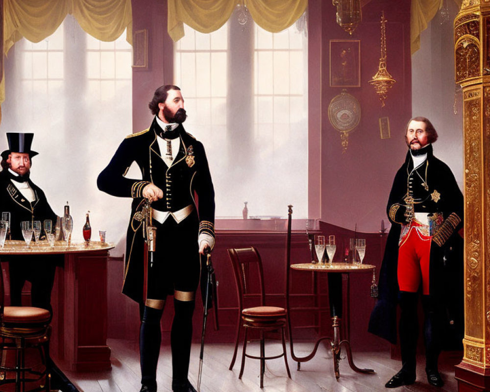 Three men in 19th-century military uniforms in elegant room with chandelier, curtains, and serving