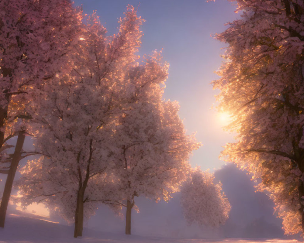 Cherry blossom trees in sunset or sunrise over snowy landscape