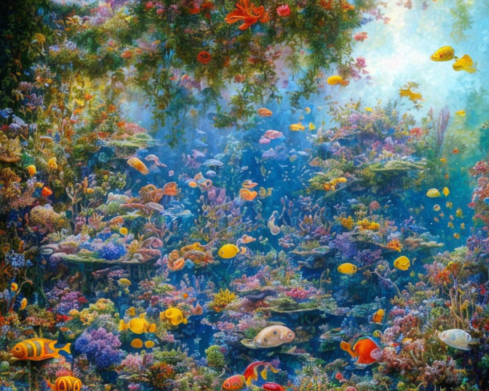 Colorful Fish and Coral Reefs in Soft Underwater Light