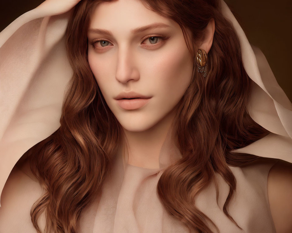 Portrait of Woman with Wavy Chestnut Hair and Elegant Earpiece on Brown Backdrop