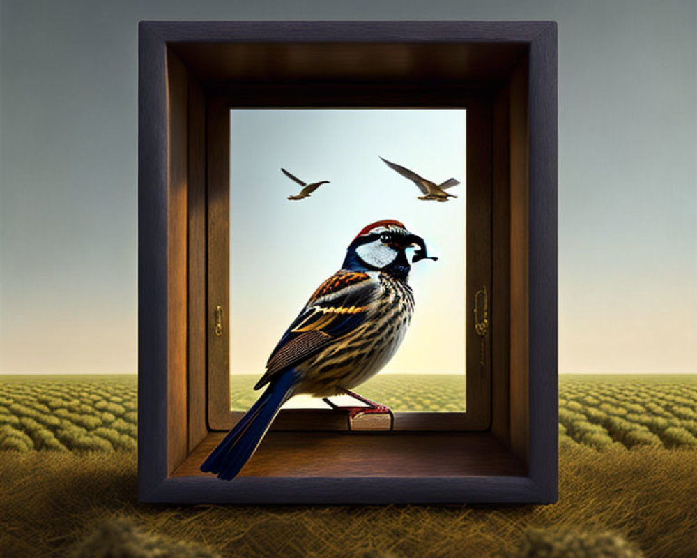 Colorful Bird Perched on Open Window in Surreal Landscape