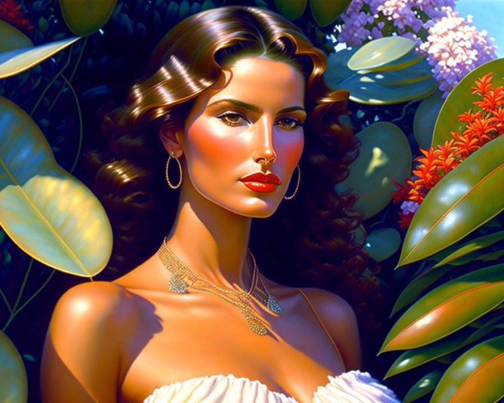 Stylized portrait of woman with makeup and jewelry against green leaves and purple flowers