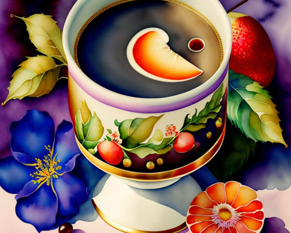 Surreal painting: coffee cup with moon crescent, fruits, flowers, coffee beans