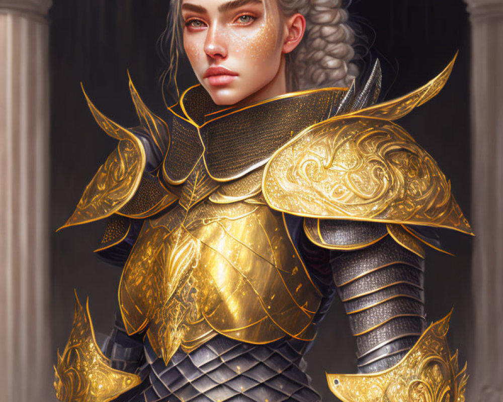 Digital artwork: Woman in white hair, golden armor, intricate patterns, classical columns.