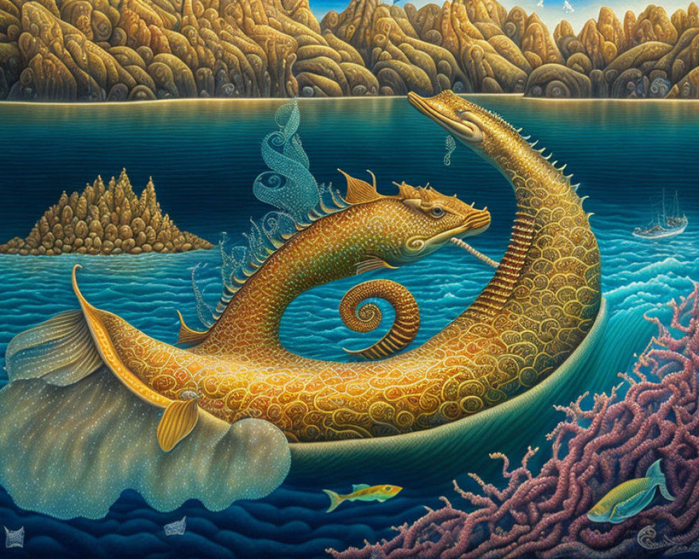 Surreal painting of golden dragon-like fish in underwater scene