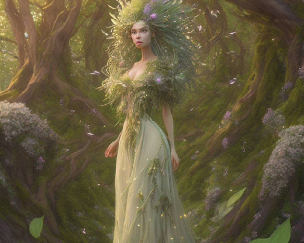 Forest Nymph in Leaf Dress Surrounded by Sunlit Woodland